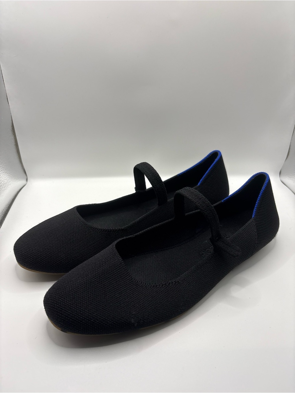 Rothy's Black Knit Mary Jane Flats with Blue Heel Trim